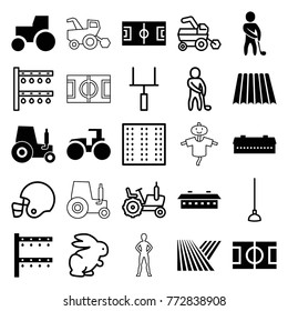 Set of 25 field filled and outline icons such as field, barn, tractor, football pitch, irrigation system, golf player, rabbit, hoe, goal post, american football helmet