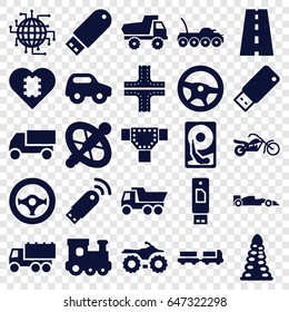 Set of 25 filled icons such as truck with luggage, tunnel, road, toy car