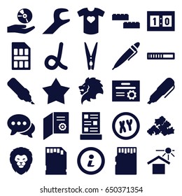set of 25 filled icons such as lion, mud, house under sun, chat, cd on hand, pen, t-shirt with heart, cloth pin, memory card, wrench, menu