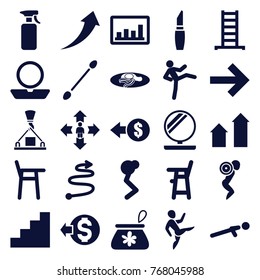 Set of 25 up filled icons such as ladder, arrow up, baby chair, powder, lipstick, cotton buds, coin, fried egg and bacon, man doing exercises, graph, forward, stair