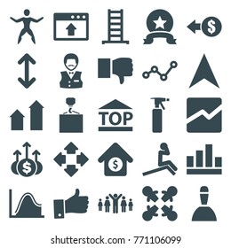 Set of 25 up filled icons such as ladder, arrow up, spray bottle, casino boy, hook with cargo, dislike, coin, graph, roundelay, man doing exercises, top of cargo box