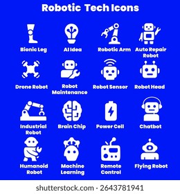 A set of 25 filled robotic and technology icons in a modern, minimalist style. Perfect for UI UX design, mobile apps, websites, presentations, and future-tech related projects. Icons include robot arm