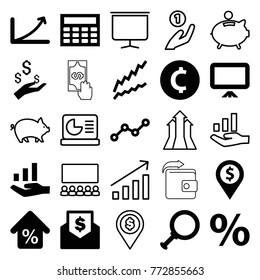 Set of 25 financial filled and outline icons such as coin, graph, percent, dollar search, dollar location, calclator, line graph, mortgage, graph on hand
