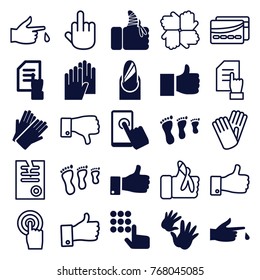 Set of 25 finger filled and outline icons such as gloves, pointing on document, like, family footprint, hand on atm, touchscreen, thumb up, injured finger, paper