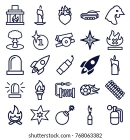 Set of 25 fire outline icons such as rocket, chicken, siren, explosion, candle, water hose, no fire, heart in fire, firework, fireplace, football ball, torch, bonfire