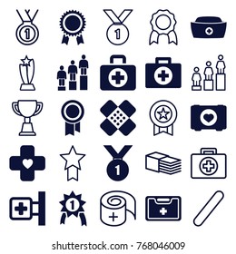 Set of 25 first filled and outline icons such as first aid, case with heart, medical cross, medical kit, nurse hat, bandage, number 1 medal, ranking, trophy, medal