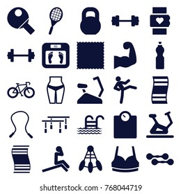 Set of 25 fitness filled icons such as floor scales, exercise bike, carpet, sport bra, skipping rope, barbell, bicycle, waist fitness, man doing exercises, shuttlecock