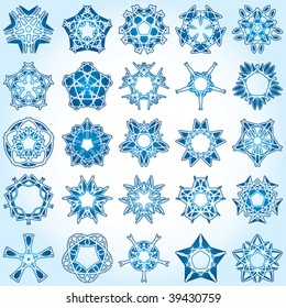 Set of 25 a five-rays crystal gradient snowflakes. Vector illustration on light blue background.