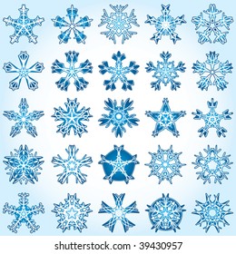 Set of 25 a five-rays crystal gradient snowflakes. Vector illustration on light blue background.