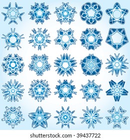 Set of 25 a five-rays crystal gradient snowflakes. Vector illustration on light blue background.