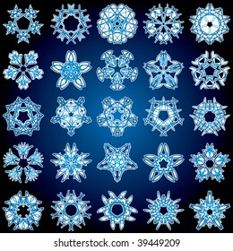 Set of 25 a five-rays crystal gradient snowflakes. Vector illustration on dark blue background.