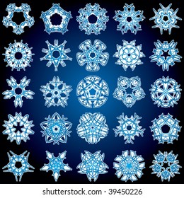Set of 25 a five-rays crystal gradient snowflakes. Vector illustration on dark blue background.