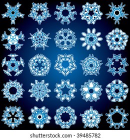 Set of 25 a five-rays crystal gradient snowflakes. Vector illustration on dark blue background.