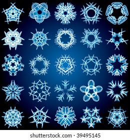 Set of 25 a five-rays crystal gradient snowflakes. Vector illustration on dark blue background.