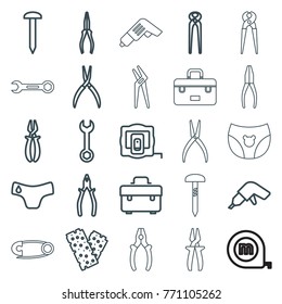 Set of 25 fix outline icons such as measure tape, children panties, nail, toolbox, wrench, drill, pliers, bandage
