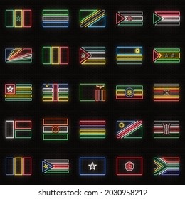 A set of 25 flags of different African countries, in neon style. On the background of a brick wall with a shadow. For decoration of tourist or patriotic themes. Isolated. Collection №2
