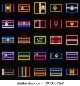A set of 25 flags of different European countries, in neon style. On the background of a brick wall with a shadow. For decoration of tourist or patriotic themes. Isolated. Collection №1