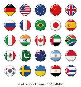 Set of 25 flags world top countries on bottle caps. Vector Illustration