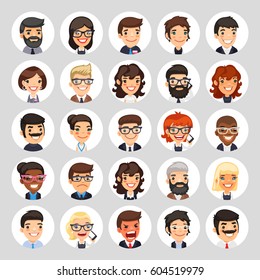 Set of 25 flat business round avatars on white circles. Office people. Clipping paths included.