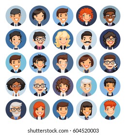 Set of 25 flat business round avatars on color circles. Office people. Clipping paths included.