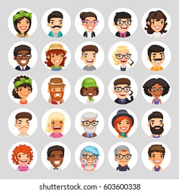 Set Of 25 Flat Cartoon Round Avatars On White Circles. Casual People. Clipping Paths Included.