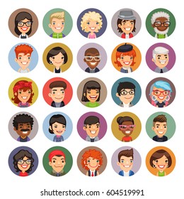 Set of 25 flat cartoon round avatars on color circles. Casual people. Clipping paths included.