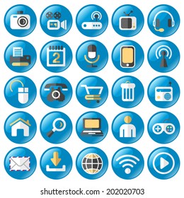 Set of 25 Flat Elegant Vintage Isolated Icons on Bubble Colored Buttons on White Background.