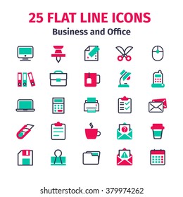 Set of 25 flat line icons. Business and office flat line icons. Set of office items in flat line style. 25 icons isolated on white background. Icons, signs, symbols for web design. Set of bright icons