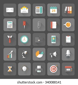Set of 25 flat office and business icons with long shadow effect. 