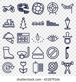 set of 25 flat outline icons such as truck with luggage, pacifier, globe, eye, equalizer, boot, pizza, cargo ship, prohibited, music note, eject button, target