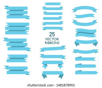 Set of 25 flat ribbons or banners. Vector illustration
