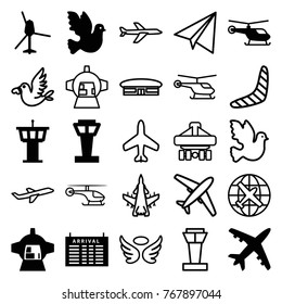 Set of 25 flight filled and outline icons such as airport tower, helicopter, arrival table, bird, luggage compartment in airplane, plane, airport, boomerang, paper airplane