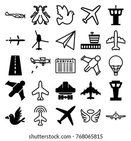 Set of 25 flight filled and outline icons such as airport tower, runway, airport, plane, hang glider, cargo plane back view, love bird, helicopter, arrival table, fly