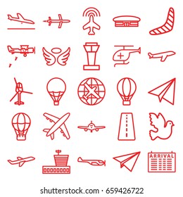 Set of 25 flight outline icons such as airport tower, runway, plane