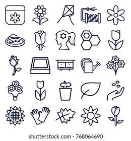 Set of 25 flower outline icons such as leaf, sunflower, rose, beehouse, hand with seeds, honey, woman face with flower in hair, tulip, bouquet, dandelion, watering can