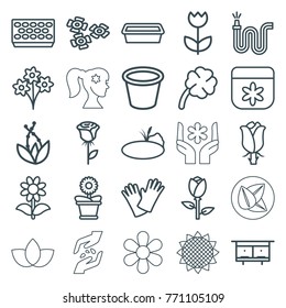 Set of 25 flower outline icons such as rose, beehouse, flower, bouquet, water hose, pot for plants, flower pot, gloves, plant, clover, pond, leaf, hand with seeds