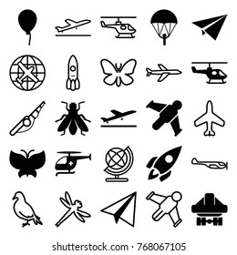 Set of 25 fly filled and outline icons such as plane taking off, fly, baloon, paper airplane, parachute, hang glider, cargo plane back view, medical helicopter, rocket