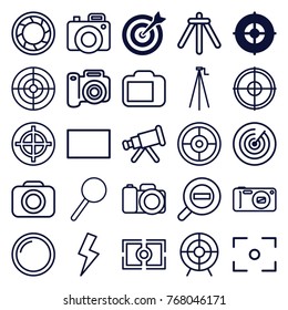 Set of 25 focus outline icons such as target, telescope, camera, magnifier, camera shutter, burst, flash, zoom out