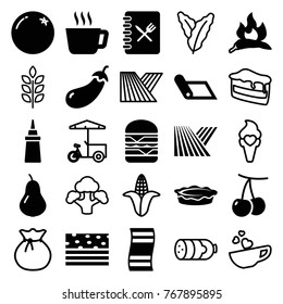 Set of 25 food filled and outline icons such as field, orange, pear, cherry, chili, eggplant, tea, ketchup, double burger, pie, carpet, piece of cake, fitness carpet, menu