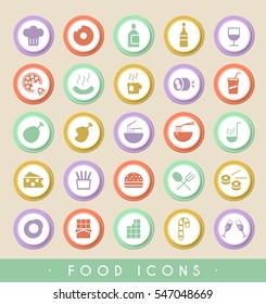 Set of 25 Food Icons on Circular Colored Buttons. Vector Isolated Elements.