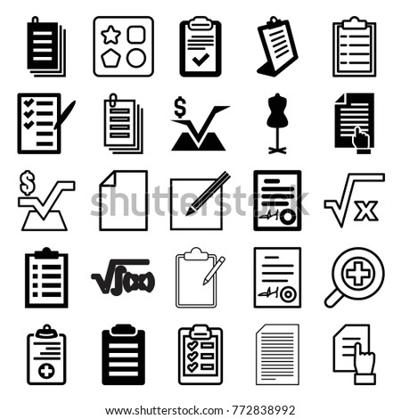 Set of 25 form filled and outline icons such as mannequin, clipboard, check list, checklist, paper, medical clipboard, paper and pen, signed document, from toy for beach