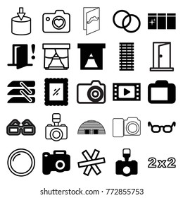 Set of 25 frame filled and outline icons such as glasses, camera, movie tape, window, blinds, camera lense, photo, door warning, jalousie, blackboard, entrance, wire fence