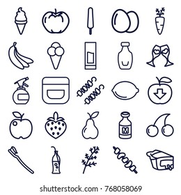 Set of 25 fresh outline icons such as egg, deel, apple, spray bottle, cream, cherry, ice cream, ice cream on stick, pie, kebab, carrot on fork, pear, lemon, tooth brush, milk