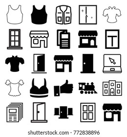 Set of 25 front filled and outline icons such as door, blouse, news, locomotive, store, thumb up, shop, window, sleeveless shirt, newspaper, laptop, hospital building