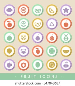 Set of 25 Fruit Icons on Circular Colored Buttons. Vector Isolated Elements.