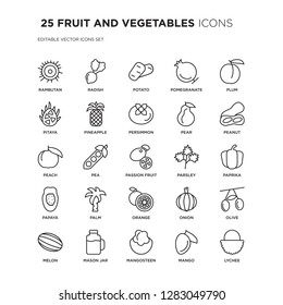 Set of 25 FRUIT AND VEGETABLES linear icons such as Rambutan, Radish, Potato, Pomegranate, Plum, Peanut, Paprika, Olive, vector illustration of trendy icon pack. Line icons with thin line stroke.