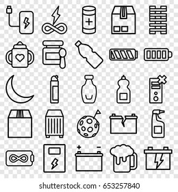 Set of 25 full outline icons such as baby food, baby bottle, cleanser, battery