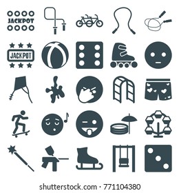 Set of 25 fun filled icons such as jump rope, dice, jackpot, sad emot, emoji showing tongue, emoji listening music, facepalm emot, skipping rope, carousel, swing