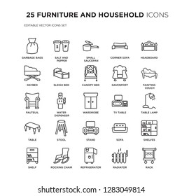 Set of 25 FURNITURE AND HOUSEHOLD linear icons such as Garbage bags, Salt and pepper shakers, small saucepan, corner sofa, vector illustration of trendy icon pack. Line icons with thin line stroke.