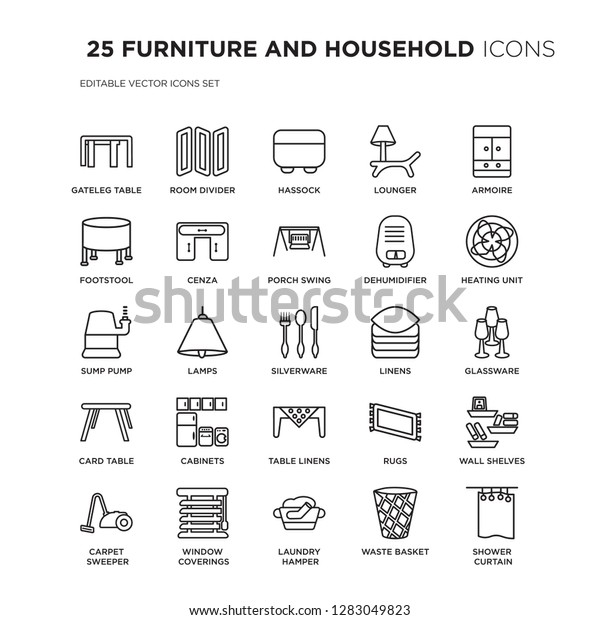 Set of 25 FURNITURE AND HOUSEHOLD linear icons\
such as gateleg table, room divider, hassock, lounger, armoire,\
Heating Unit, vector illustration of trendy icon pack. Line icons\
with thin line stroke.
